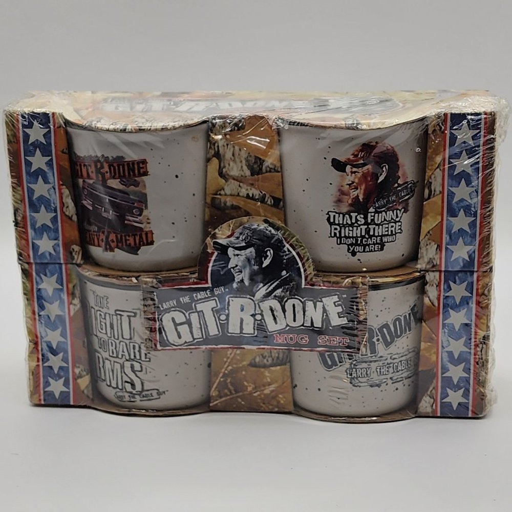 Larry the Cable Guy Vintage Git R Done Mug Set 16 oz 4 Piece Mug Set New in Box
